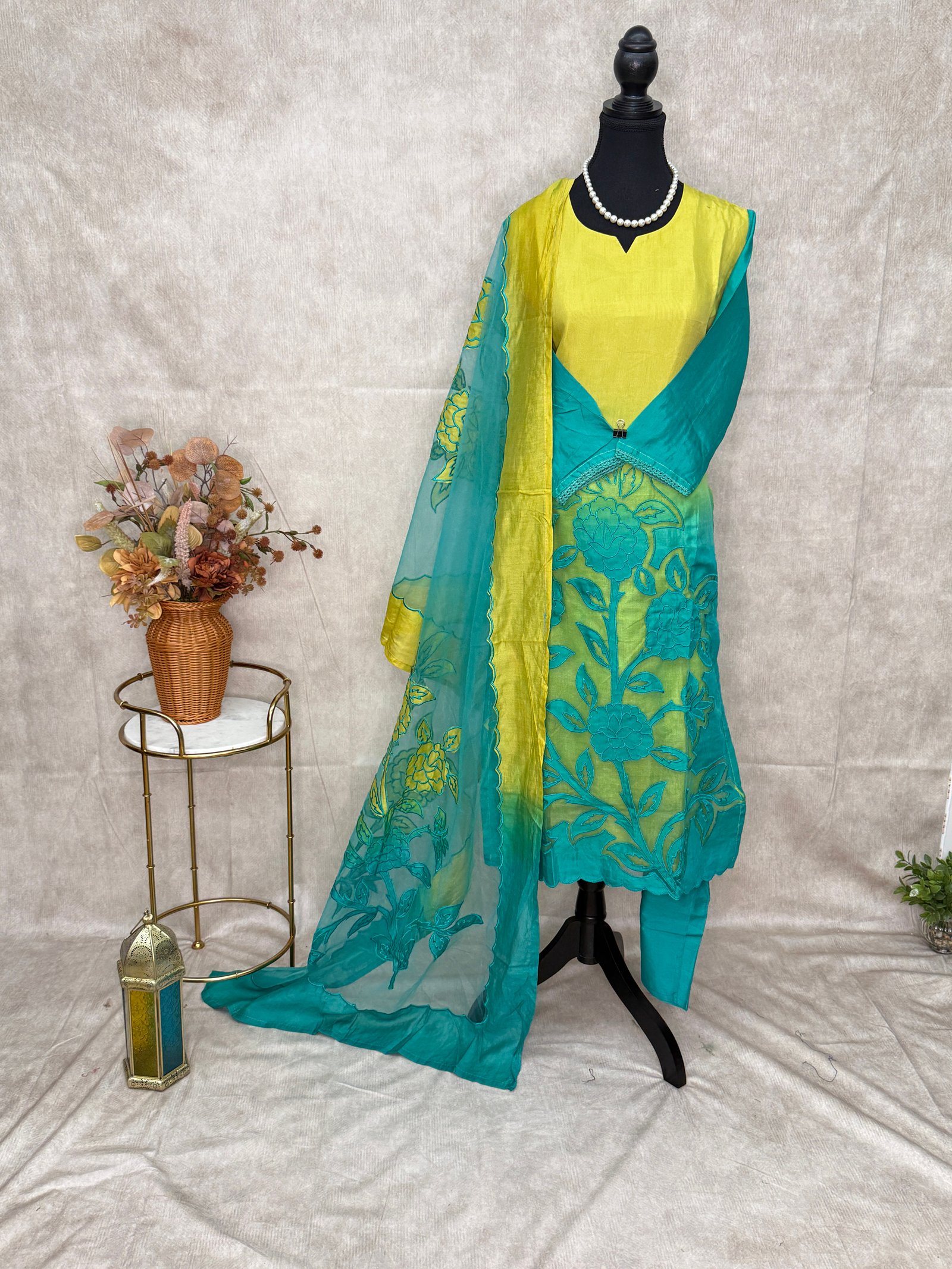 Lemon Yellow & Turquoise Blue Floral 3-Piece Suit Set